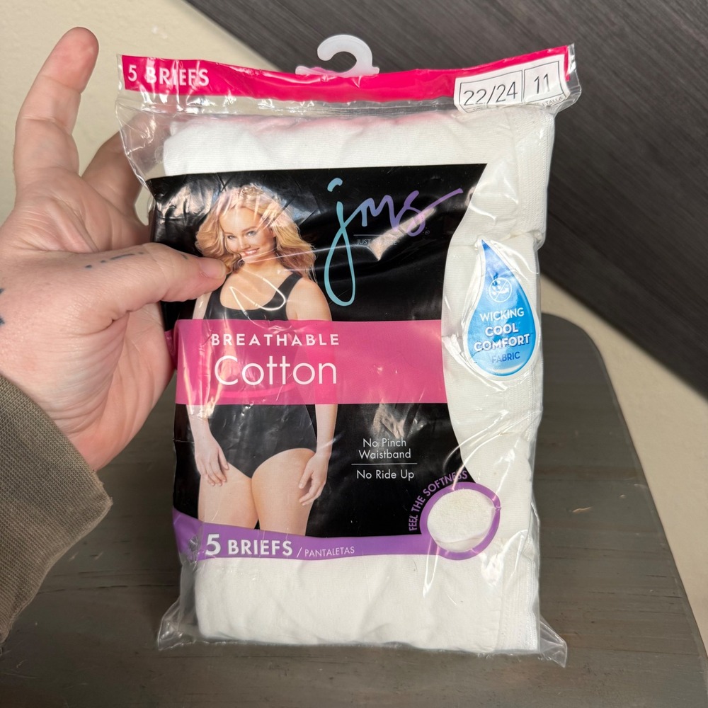 Just My Size JMS Women's Size 11 22/24 Cotton Briefs 5 Pack White New Sealed